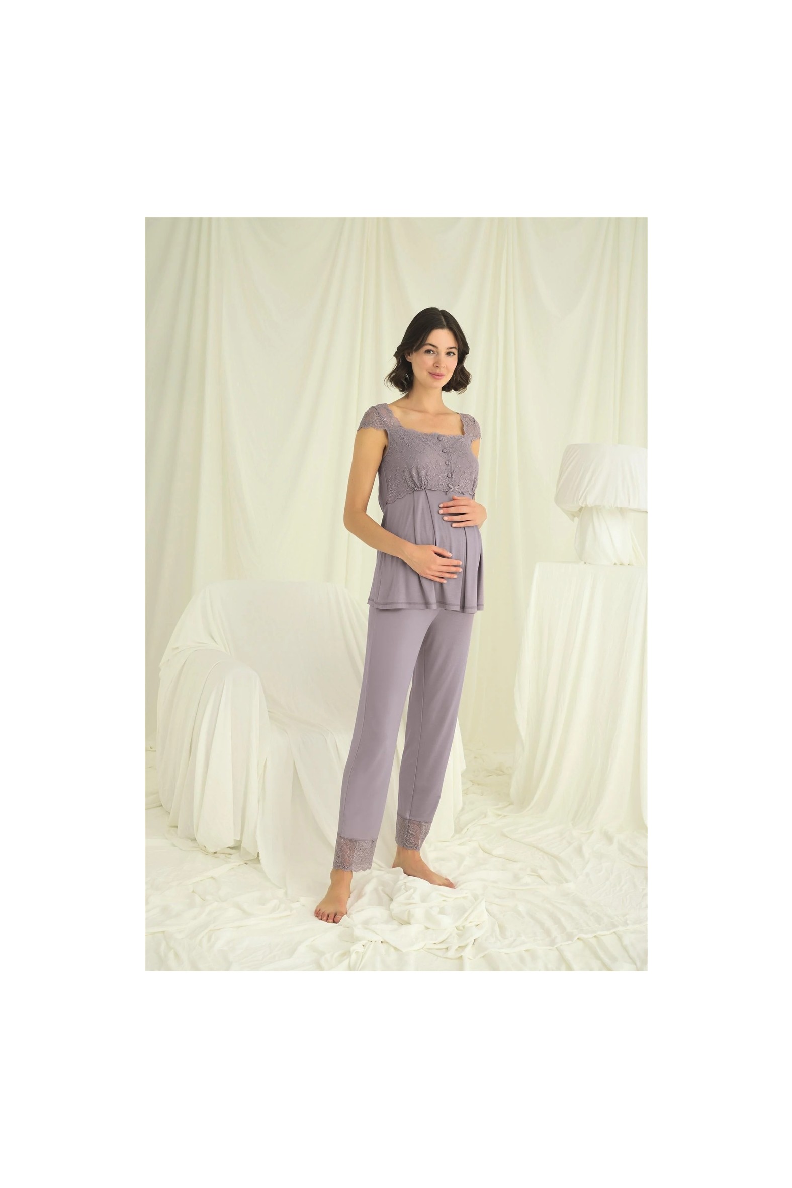 Beruflic Angel Dantelli Önü Düğmeli Hamile Lohusa Pijama Takımı Gri %94 Viskon 3'lü Set görsel 5