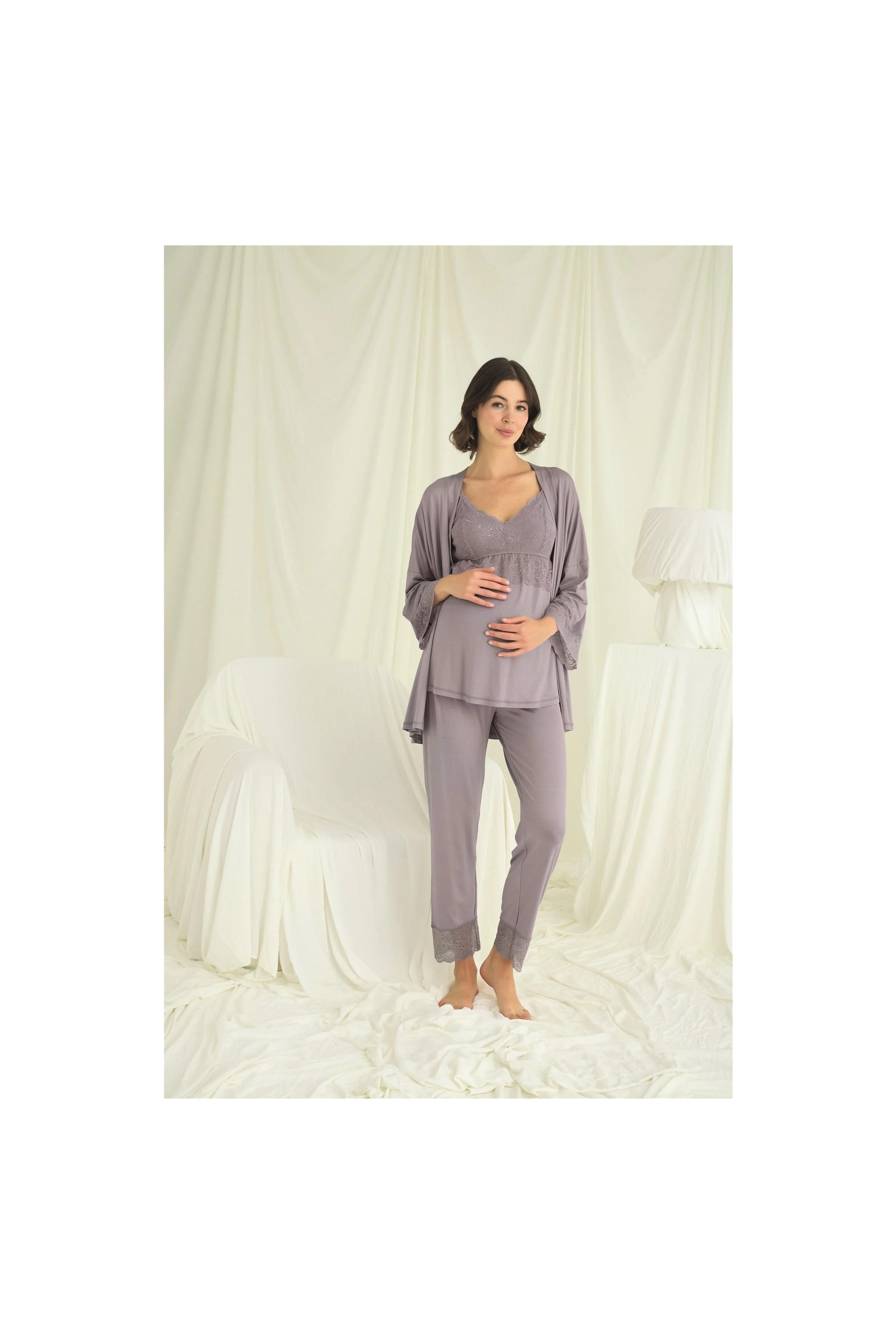 Beruflic Angel Dantelli Hamile Lohusa 3'lü Pijama Takımı görsel 2
