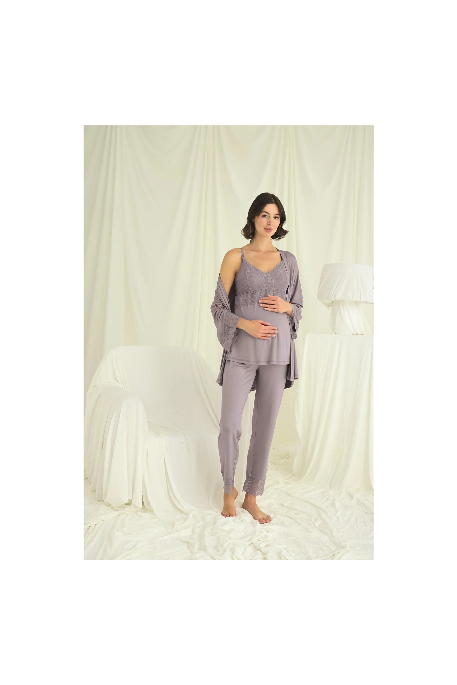 Beruflic Angel Dantelli Hamile Lohusa 3'lü Pijama Takımı görsel 4