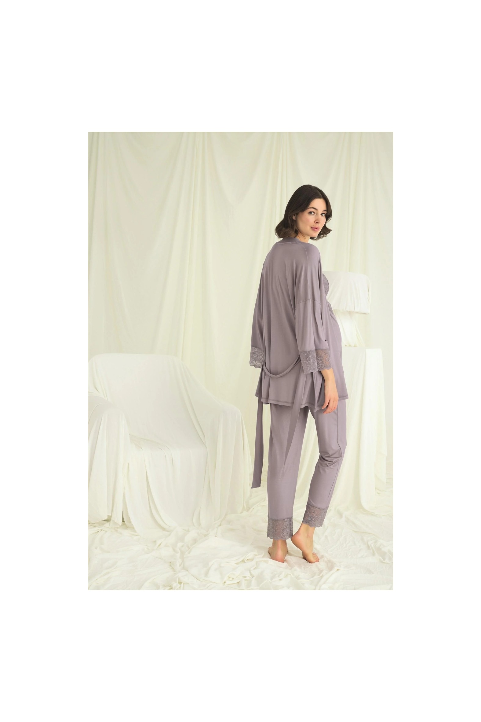 Beruflic Angel Dantelli Hamile Lohusa 3'lü Pijama Takımı görsel 5