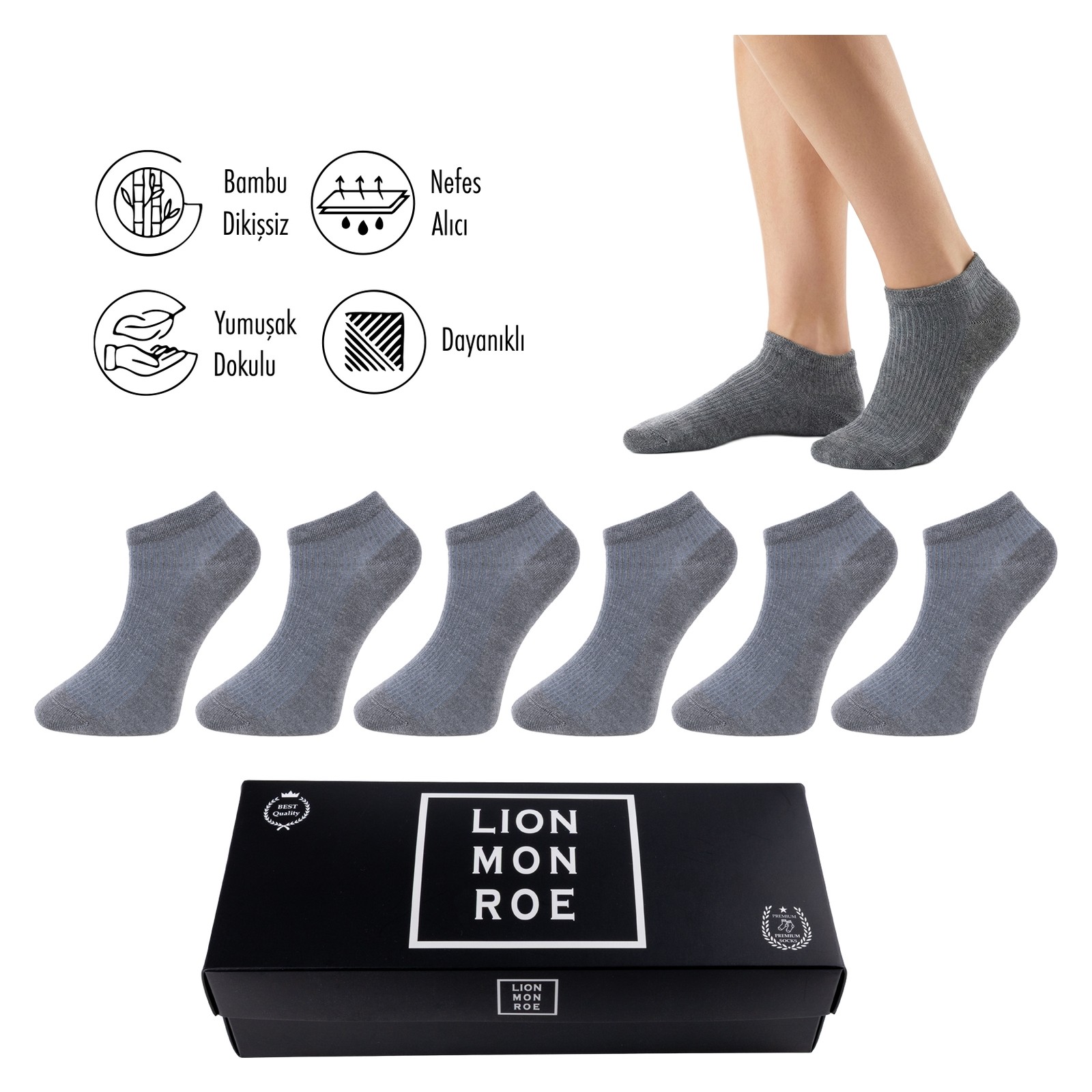Lion Monroe Saf Bambu Erkek Asorti Patik Düz Kısa Çorap Dikişsiz Premium Kutulu 6'lı L5952AZNP Softaura