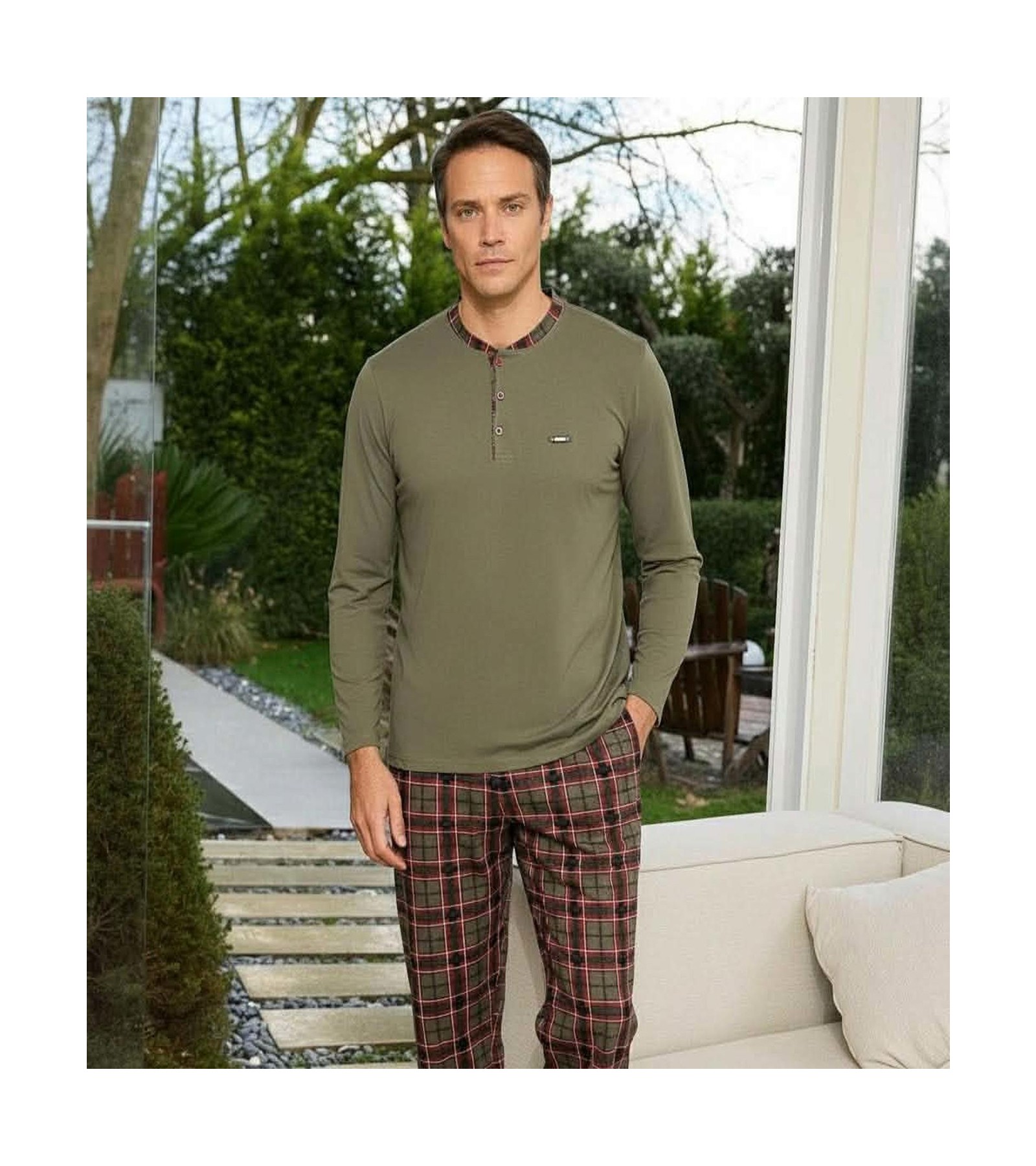 Pijamoni Erkek Standart Kalıp Pamuklu Düğme Yaka Uzun Kol Baharlık Pijama Takımı 6300/5H - 1 Adet