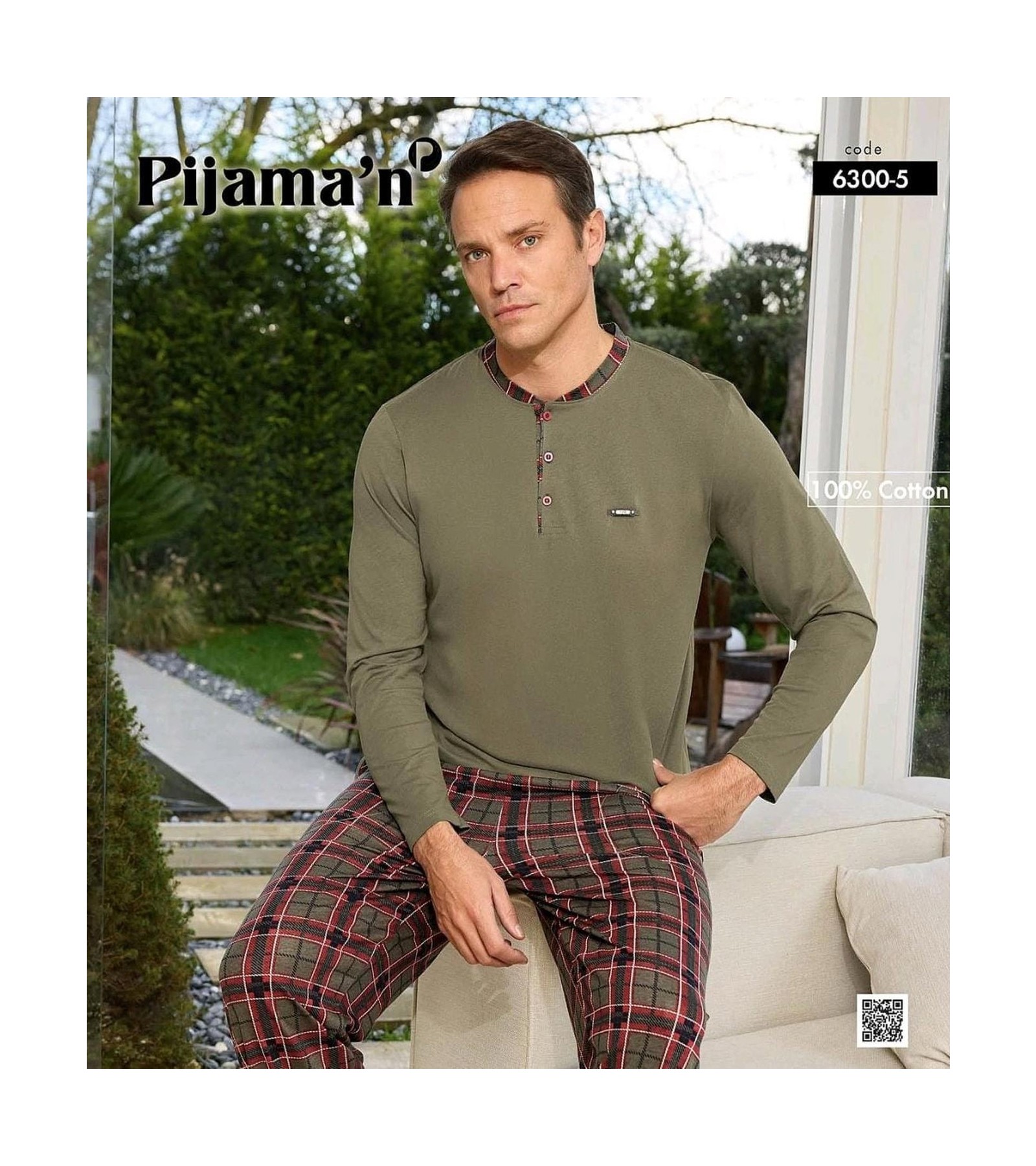 Pijamoni Erkek Standart Kalıp Pamuklu Düğme Yaka Uzun Kol Baharlık Pijama Takımı 6300/5H - 1 Adet görsel 3