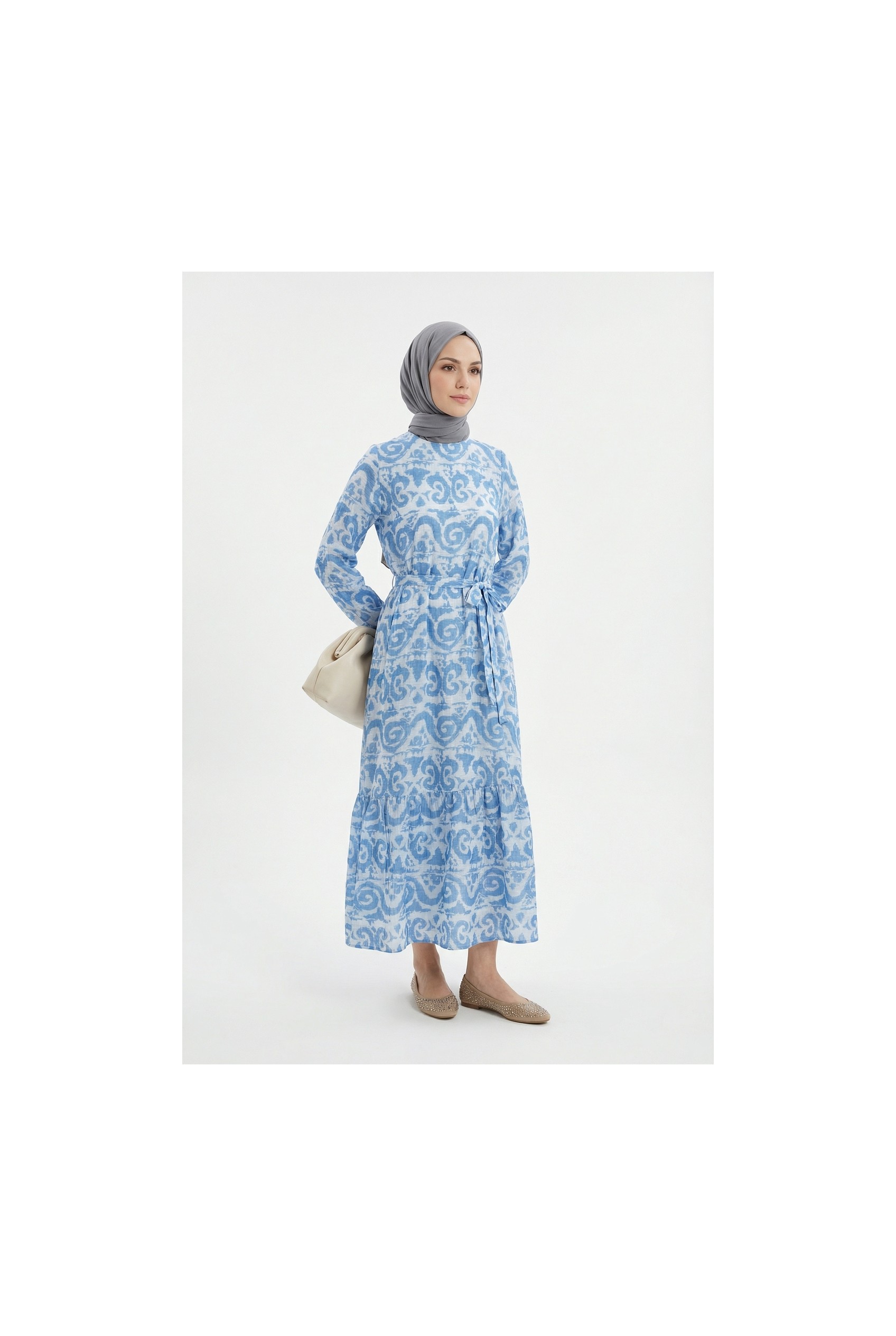 Armine Trend Doğal Kumaş Desenli Beli Kuşaklı Kolu Lastikli Rahat Kalıp Elbise Mavi 25YT963 görsel 3