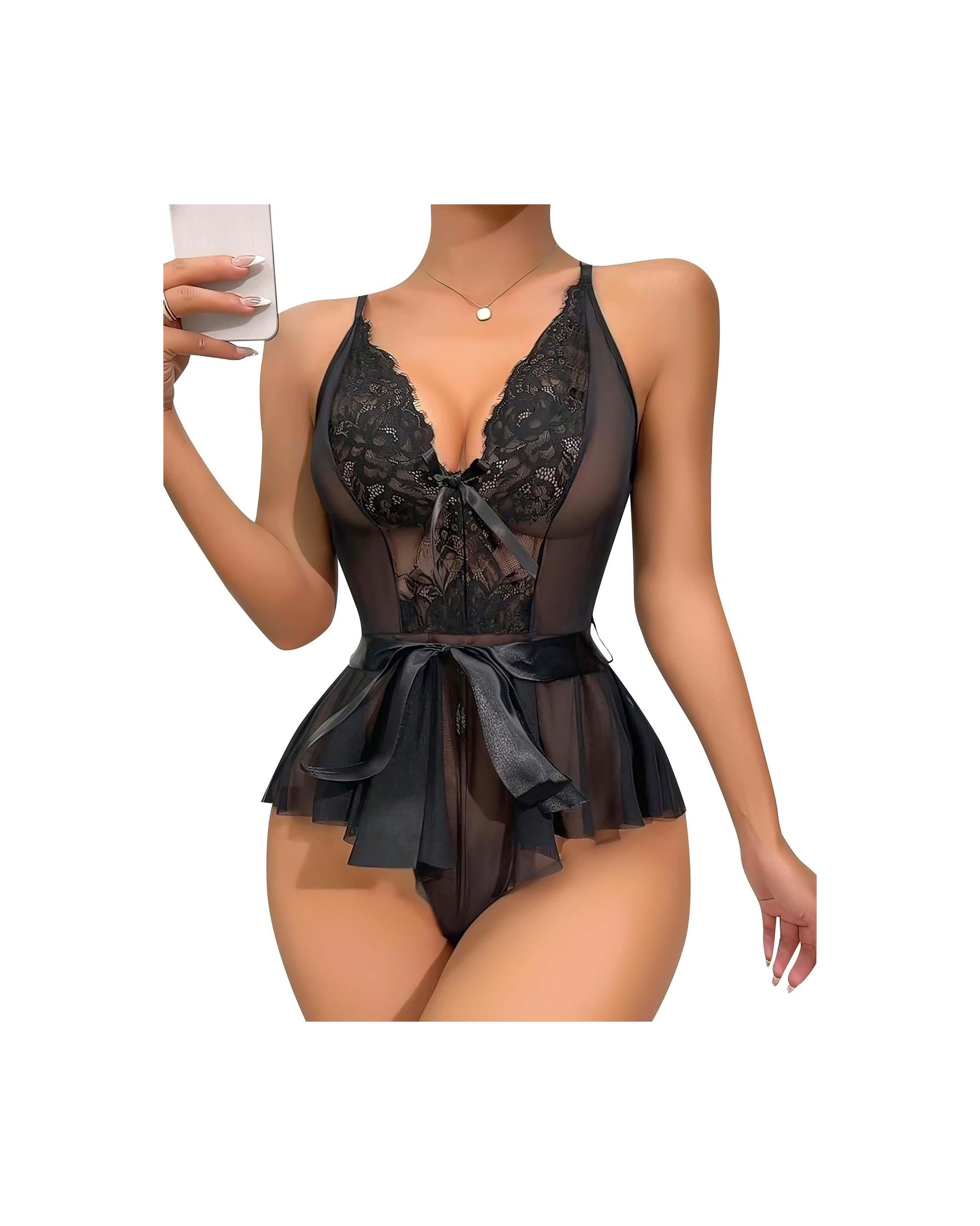 Beruflic Siyah Dantel Işlemeli Kurdelalı Fantezi Tül Babydoll