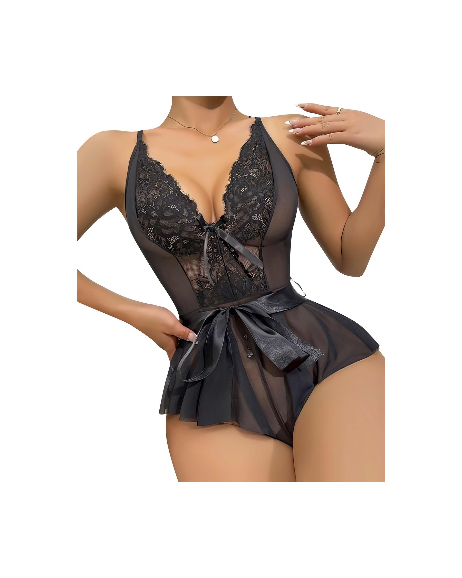 Beruflic Siyah Dantel Işlemeli Kurdelalı Fantezi Tül Babydoll görsel 2