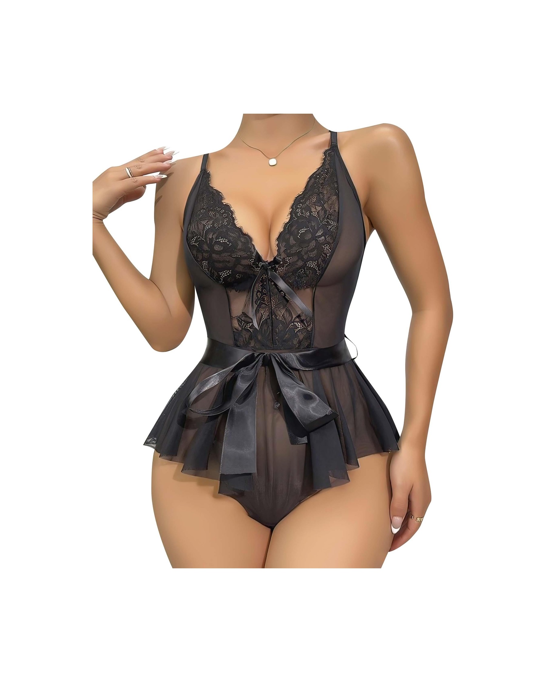 Beruflic Siyah Dantel Işlemeli Kurdelalı Fantezi Tül Babydoll görsel 3