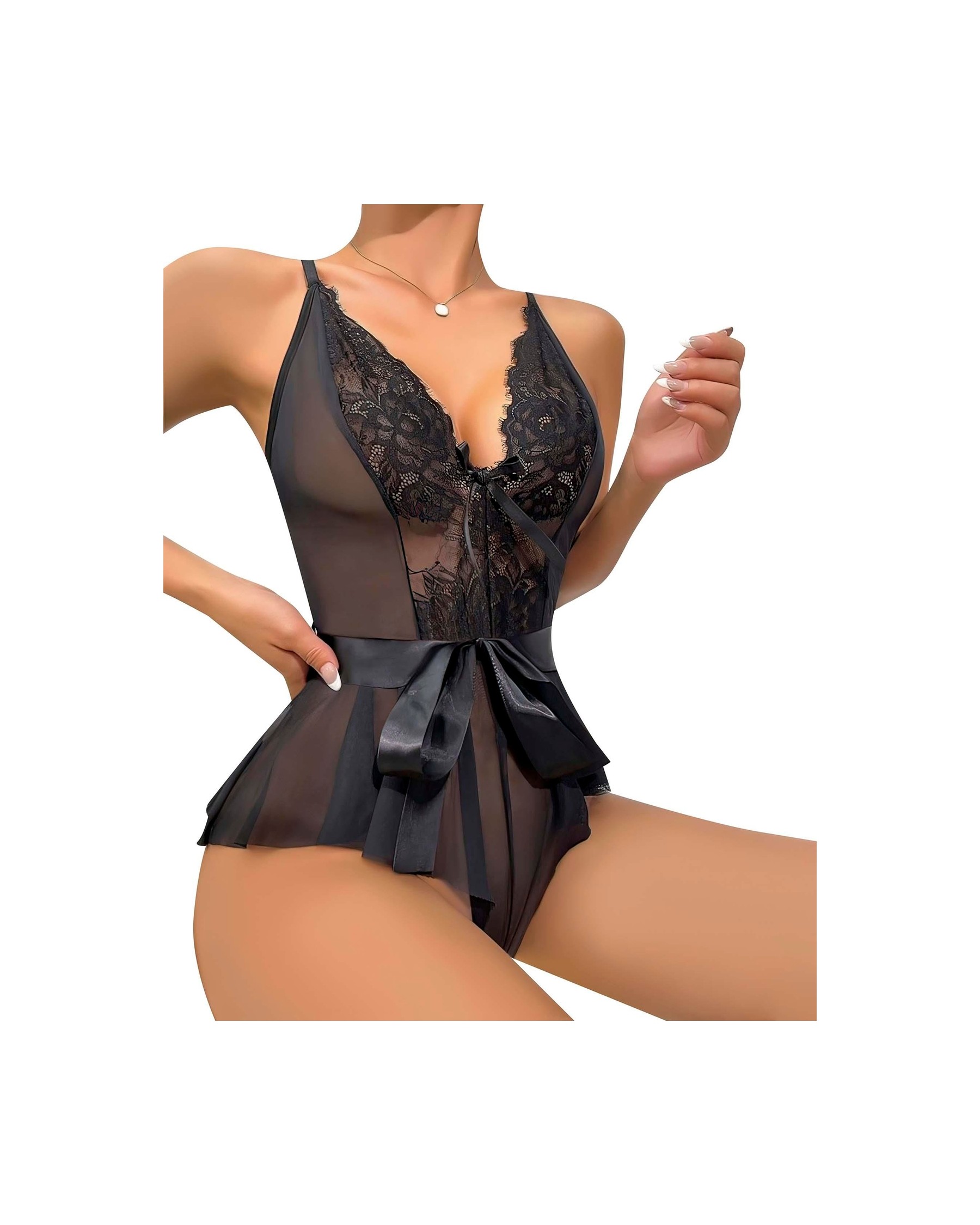 Beruflic Siyah Dantel Işlemeli Kurdelalı Fantezi Tül Babydoll görsel 4