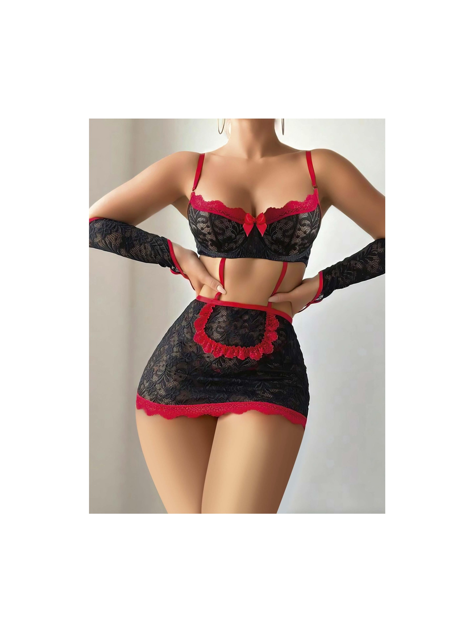 Tudik Collection 5 Parça Kırmızı Siyah Dantel Çiçek Desen Hizmetçi Model Özel Fantezi Tanga Hediyeli 2043