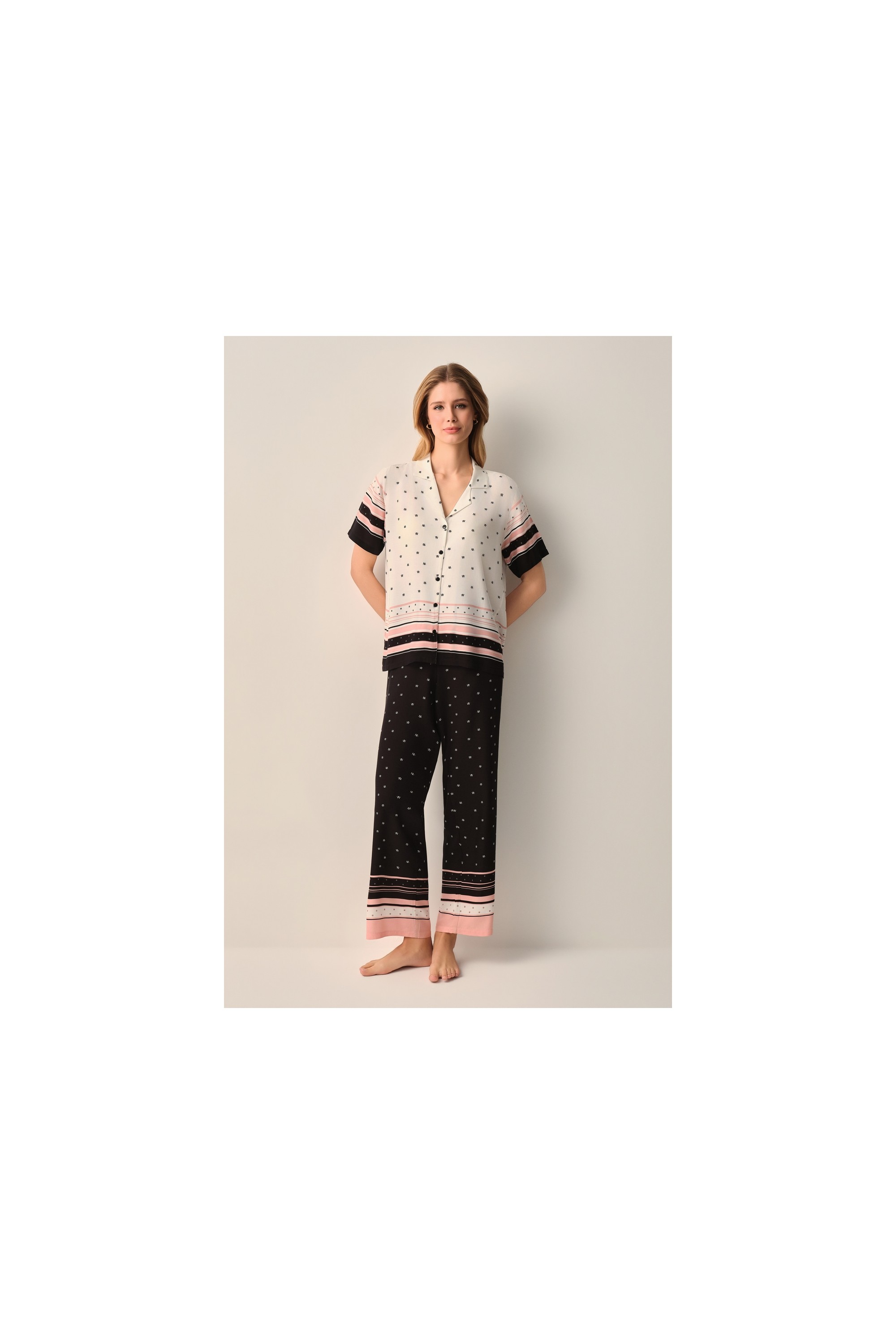 Suwen Monogram Gömlek Yaka Pijama Takımı görsel 2