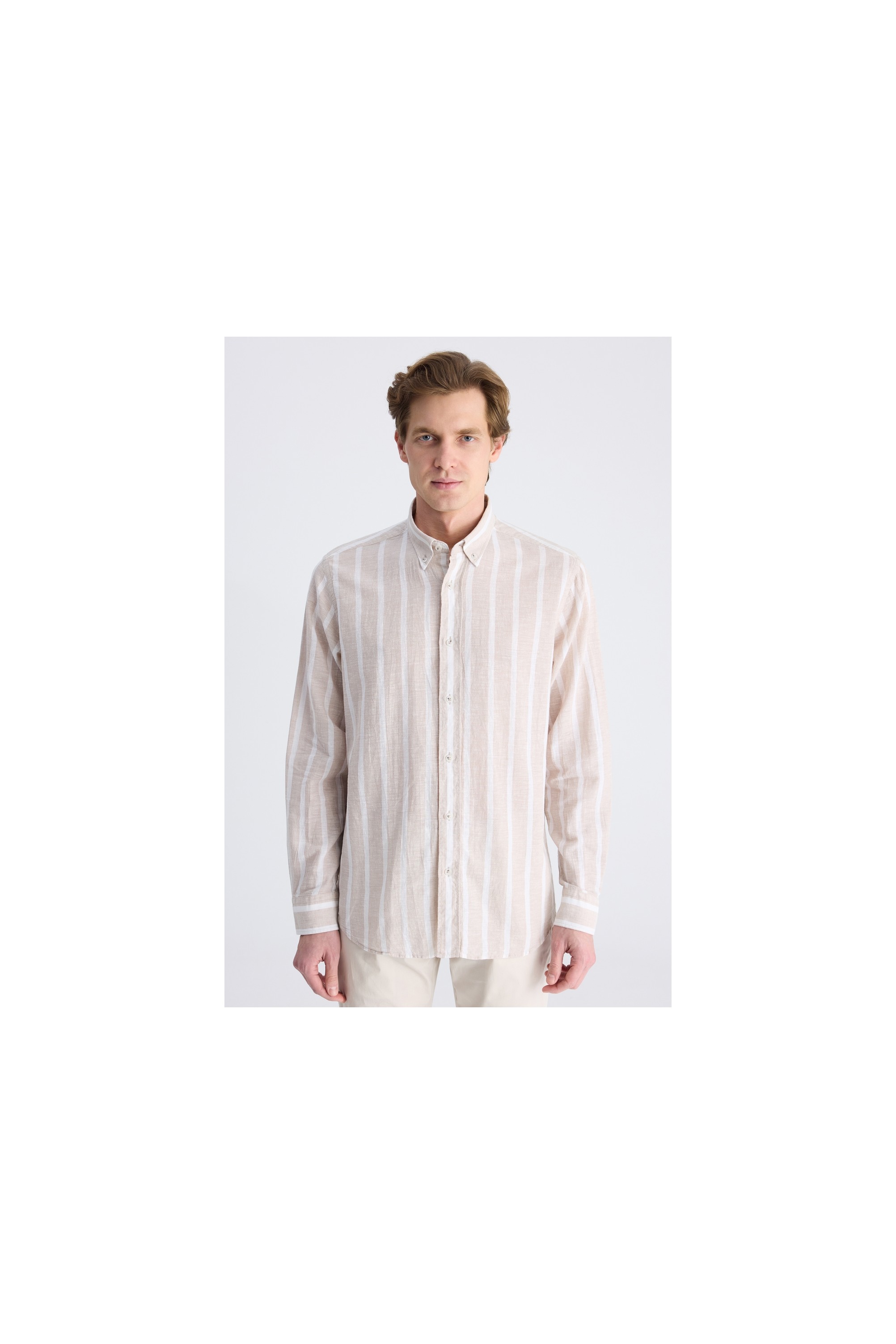 D'S Damat Ds Damat Comfort Bej Çizgi Desenli Keten Karışımlı Gömlek 4HC02KY042652