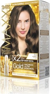 Aesco Maxx Deluxe Gold Serisi 24K Altın Parçacıklı Serum ile 1 Kutu 2 x 50 ml ve Geliştiriciler Saç Boyası (Kumral 7.0)
