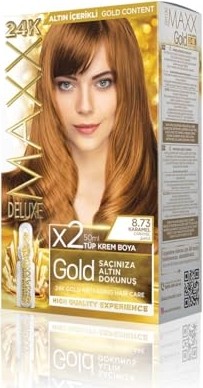 Die Grup Maxx Deluxe Gold Serisi 24K Altın Parçacıklı Serum ile 1 Kutu 2 x 50 ml ve Geliştiriciler Saç Boyası (Karamel 8.73)