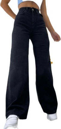 Livik Siyah Wide Leg Etkili Fermuarlı Süper Yüksek Bel Jeans Salaş Kot Pantolon ( Solmaz Kumaş)