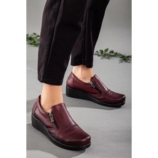 Dilimler Ayakkabı Fermuarlı Cilt Bordo Kadın Günlük Dolgu Taban Ayakkabı