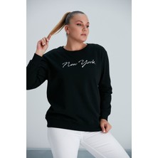 Pikka Online Kadın Siyah New York Yazılı Büyük Beden Sweatshirt