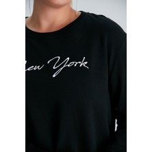 Pikka Online Kadın Siyah New York Yazılı Büyük Beden Sweatshirt