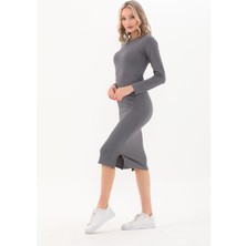 Westbound Fitilli Yırtmaçlı Uzun Kol Yazlık Midi Günlük Kalem Elbise Antrasit