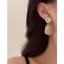 Aycha Aksesuar Ithal Altın Kaplama Sarkıt Krem Taşlı Büyük Sallantılı Marka Model Vintage Küpe