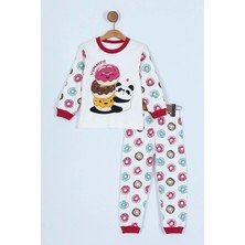 Enen Baby Donut Panda Basklılı Pamuk Kumaş Çocuk Pijama Takım - ENEN0001104 - Kırmızı - 5-6 Yaş