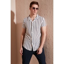 Buratti Çizgili Pamuk Karışımlı Kısa Kollu Apaş Yaka Regular Fit Gömlek Erkek Gömlek CF24S117664