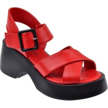 Pullman Hakiki Deri Kalın Taban Kadın Sandalet SK-42627   Kırmızı