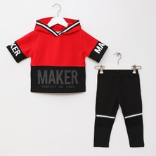 Wanex Kız Çocuk Kapüşonlu Sweatshirt & Tayt Takım - 21897 - Kırmızı - Siyah