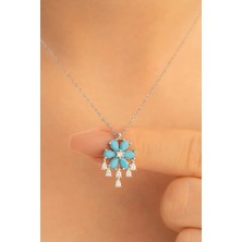 Htc Gümüş Sepeti Kadın Gümüş Kolye - Zirkon Taşlı ve Turkuaz Taşlı Çiçek Motifli Gümüş Kolye