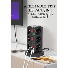 Yussraw Yeni Akım Korumalı 2.4A Kule Priz Kablosuz Şarj Istasyonu 12X Soketli 3x USB Wireless Kablolu Priz