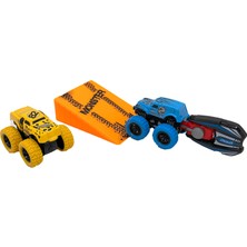 Metal Fırlatıcılı Rampalı Monster Truck 2'li Set - Sarı-Mavi