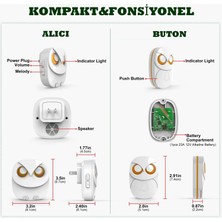 Techtic Lüx 1 Buton 1 Alıcı Kablosuz Kapı Zili Yaratıcı Baykuş Şekilli Işıklı Uzun MESAFELI(300 Metre) Ev Ofis Depo(Beyaz)