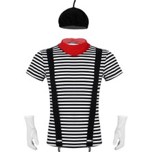 Mingjinshop3 Siyah Stil M Beden 5 Adet Erkekler Mime Sanatçısı Sirk Cadılar Bayramı Cosplay Kostüm Siyah ve Beyaz Çizgili T-Shirt Bere Kırmızı Eşarp Askı ve Eldiven (Yurt Dışından)