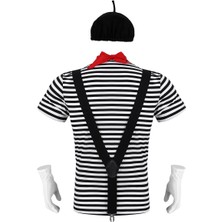 Mingjinshop3 Siyah Stil M Beden 5 Adet Erkekler Mime Sanatçısı Sirk Cadılar Bayramı Cosplay Kostüm Siyah ve Beyaz Çizgili T-Shirt Bere Kırmızı Eşarp Askı ve Eldiven (Yurt Dışından)