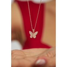 Roza Silver Zirkon Taşlı Rose Kelebek Gümüş Kolye