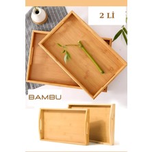 Mehay Home 2'li Kulplu Bambu Ahşap Dikdörtgen Çay Kahve Servis Lüx Sunum Tepsi 33CM&40CM