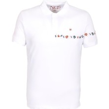 Ncs Jeans Erkek Polo Yaka Tişört Beyaz   Pamuk Slim Fit Ribanalı Kol Nakışlı T-Shirt Ncs Jeans 1169