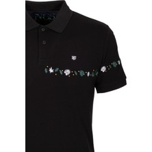 Ncs Jeans Erkek Polo Yaka Tişört Siyah  Pamuk Slim Fit Ribanalı Kol Nakışlı T-Shirt Ncs Jeans 1169