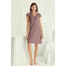 Monamise 18510 Kadın V Yaka Dantelli Düğmeli Kısa Kollu Gecelik-Kahve