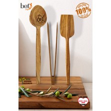 Bef Craft 3 Parça Lüx Ahşap Zeytin  Ağacı  32 cm Yemek Kaşığı Spatula Maşa Servis  Seti Doğal Pilav Kaşığı