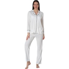 Effortt Ekru Önden Düğmeli Kadın Pijama Takımı