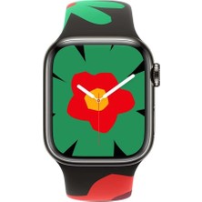 Dexmon Apple Watch 38 40 41 mm Uyumlu Kordon Renkli Çiçek Desenli Siyah Silikon Kayış Bileklik