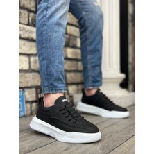 11boa BA0332 Merdiven Desen Bağcıklı Erkek Yüksek Taban Siyah Cilt Beyaz Taban Spor Ayakkabı