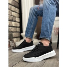 11boa BA0332 Merdiven Desen Bağcıklı Erkek Yüksek Taban Siyah Cilt Beyaz Taban Spor Ayakkabı