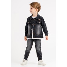 Cansın Mini Siyah Jean Ceketli Pantolonlu Erkek Çocuk Tişörtlü 3lü Takım 18073