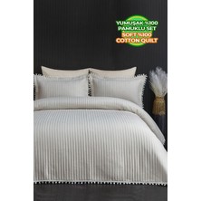 Evlen Home Collection Kapitone Ponponlu Çift Kişilik %100 Pamuk Yatak Örtüsü ( Pike ) Takımı Krem