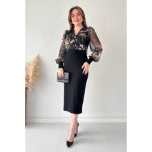 Mazi Butik Üstü Bahar Şifon Kalem Elbise Siyah