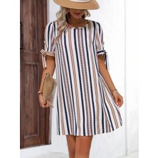 Hazelin Kadın Krem Lacivert Ithal Keten Baskılı Bisiklet Yaka Astarsız Elbise HZL24S-FRY121011