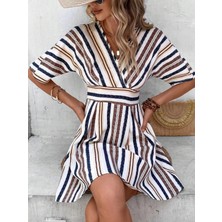 Hazelin Kadın Krem Lacivert Ithal Keten Baskılı V Yaka Astarsız Elbise HZL24S-FRY121021