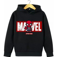 Kids Face Kapüşonlu Örümcek Adam Baskılı  Pamuk Şardonlu Kışlık Erkek Çocuk Sweatshırt