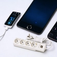 Badem10 Kablolu Usb'li 4'lü Topraklı Grup Priz Fiş Çoğaltıcı 5 Metre Çoklu Asmalı Uzatma Kablosu Düğmesiz